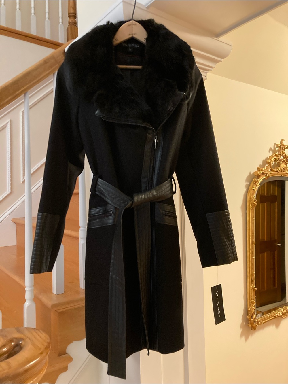 Via Spiga Black Faux-Fur Collar Wool Blend 
 Coat with Vegan trim